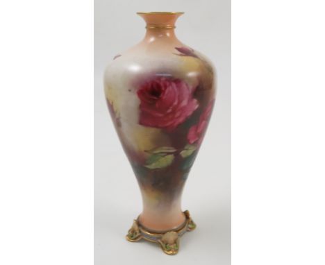 A Royal Worcester Hadley ware vase, decorated with red roses by M Blake, raised on four feet, dated 1905, height 6.25ins  Con