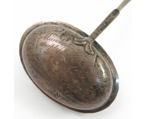 A Masonic white metal and whale bone twisted handle ladle, inscribed to outside of the bowl 'Manchester 27th December 1802 Ac