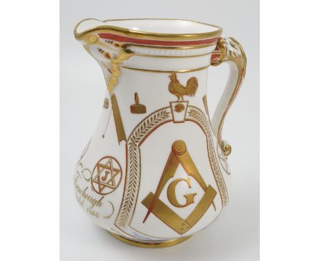 A 19th century Masonic jug, bearing various Masonic ciphers and tools, inscribed James Fernihough Dukenfield 1856, to gilt bo