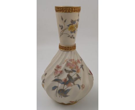 A Royal Worcester ivory vase, the wrythen moulded body decorated with floral sprays, shape number 1452, height 10.5ins Condit