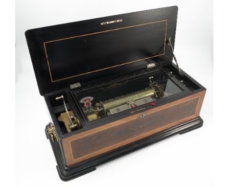 A Paillard & Co London rosewood cased music box, the case with floral and line inlay, with glazed covered to the movement, pl