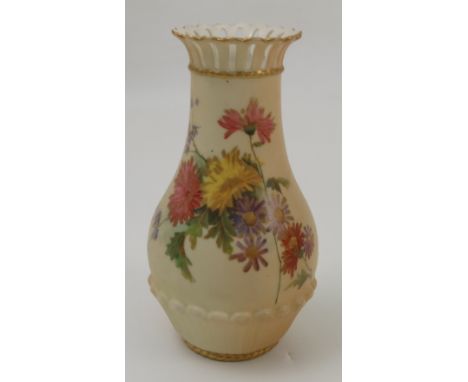 A Royal Worcester blush ivory vase, with pierced neck and moulding, decorated with floral sprays, dated 1903, shape G1061, he