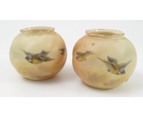 A pair of Royal Worcester blush ivory vases, the wrythen moulded globular vases decorated with blue tits in flight, shape num