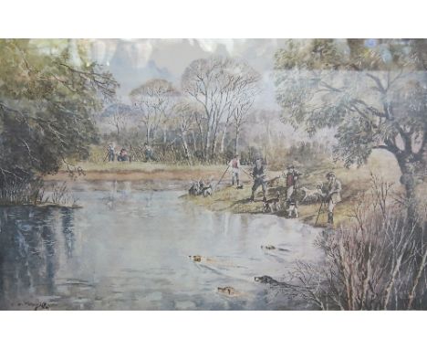 After Robin Roche, limited edition colour print, On an April Morning, Three Counties Mink Hounds, signed in pencil by two mas