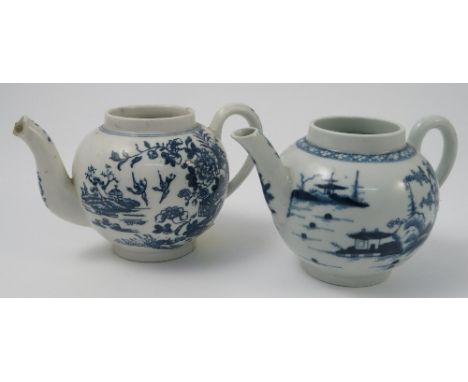 A first period Worcester tea pot, decorated in the blue and white canon ball pattern, crescent mark to base, lacking cover, t