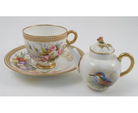 A Royal Worcester miniature teapot, decorated with a kingfisher by P M Platt, dated 1954, height 3.25ins, together with a Roy