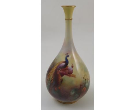 A Royal Worcester vase, decorated with a peacock and peahen on a branch, by C V White, dated 1909, shape number F105, height 