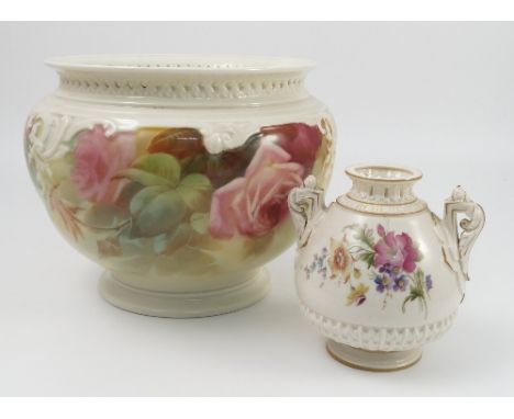 An un-finished Royal Worcester jardiniere, decorated with roses, shape number H295, dated 1919, diameter 10ins, together with