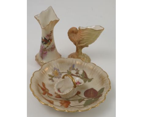 A Royal Worcester ivory dish, decorated with flowers, diameter 6ins, together with a Locke and Co vase, decorated with a bull