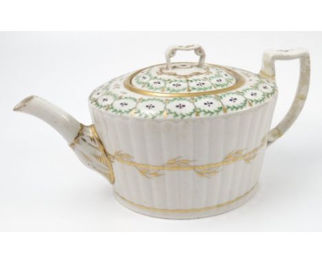 A 19th century English porcelain tea pot, of oval form with reeded body, decorated in bands of green, blue and gilt, with fur