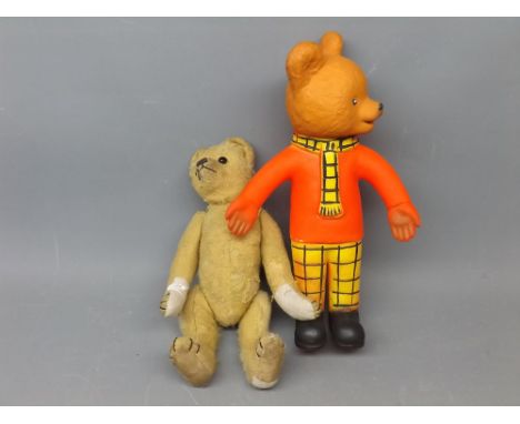 Vintage stitched teddy bear with glass eyes, together with a further plastic squeaky model of Rupert the Bear, 11ins tall  