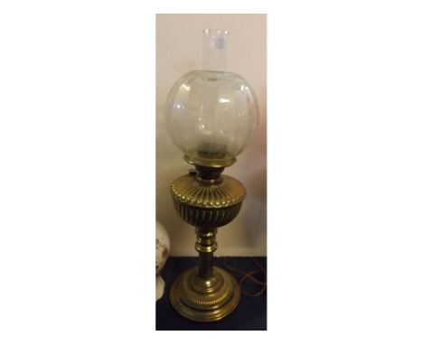 Victorian brass oil lamp, reeded column, fluted font, clear etched floral glass shade, 26ins tall  