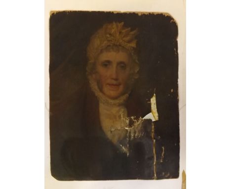 19th century English School, oil on canvas (cut from stretcher), Head and shoulders portrait of a lady (a/f), 24 x 19ins, unf