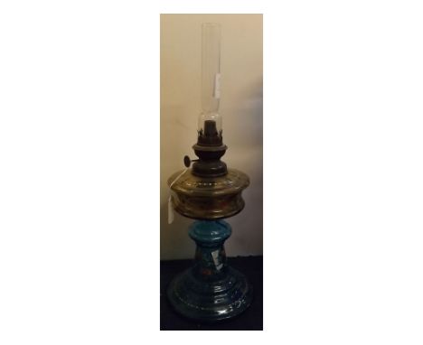 Victorian painted blue glass based oil lamp with amber glass font, painted decoration (no shade), 19ins tall 