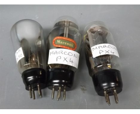 Box containing vintage radio valves to include two Marconi PX4s and one Mazda PP3/250