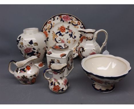 Group of Mason's Ironstone Mandarin china wares to include two miniature jugs, a further tea caddy, hexagonal vase, ewer and 