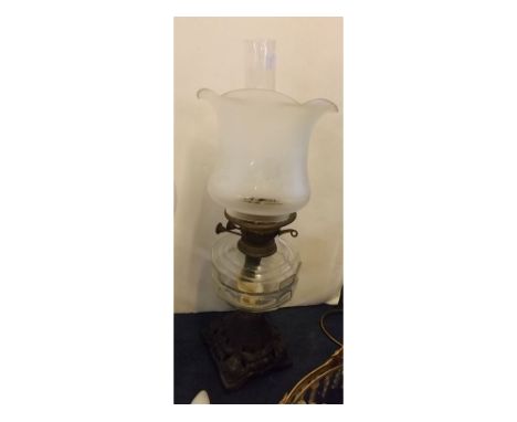 Square cast base oil lamp with etched glass shade 