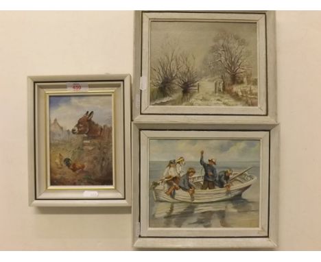 John Mace, monogrammed oil on board, Donkey and chickens, 6 x 4 1/2 ins together with two further oils by K B Richards (3)  