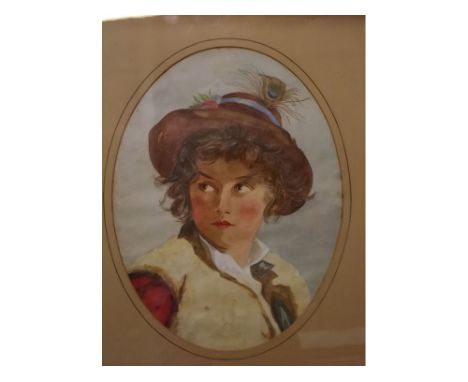 Unsigned watercolour, Portrait of a young boy wearing hat with peacock feather, 16 x 12ins, oval 