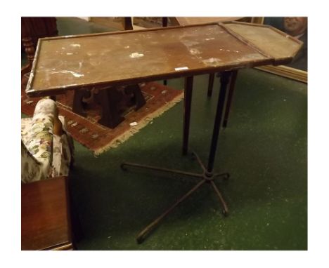 Pitch pine vintage over-the-bed table on a cast iron adjustable base, spider style leg support, 35ins wide x 16ins deep x 31i