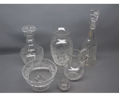 Mixed Lot: 20th century cut glass wares to include two decanters, a further bulbous vase, pedestal bowl and further glass jug