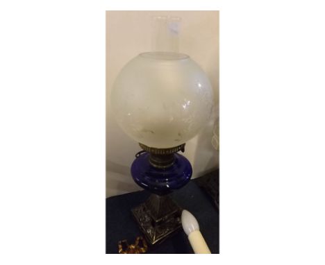 Victorian square cast base oil lamp with rose decoration, blue font and etched shade, 21ins tall  