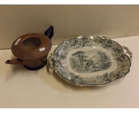 Victorian Staffordshire two-handled meat plate transfer to the centre with an old watermill, side handles, (no marks), 15 1/2