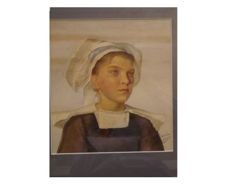 M M Davies, signed and dated 1897, watercolour, Portrait of a female nurse, 10 x 9ins