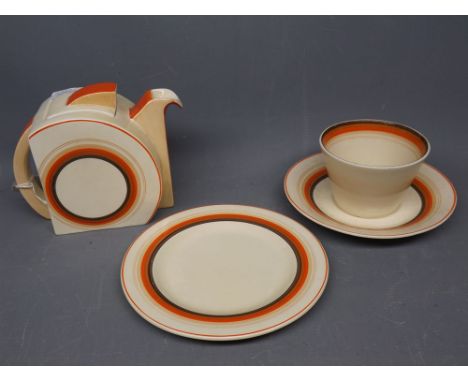 Clarice Cliff Bizarre Stamford pattern tea pot with open work handle with orange ring design, together with matching conical 