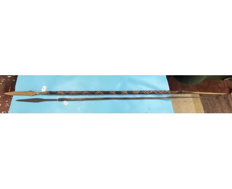 2 x antique tribal hunting spears with double-ended forged steel blades, one possibly for hunting wild boar