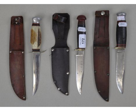 3 hunting knives in sheaths - 2 William Rodgers 1 Taylor of Sheffield 