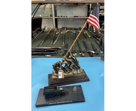 Bronze statue of 'Raising the Flag at Iwo Jima' plus a model of British army 8th armoured halftrack on stand 