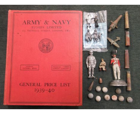 Collection of battlefield excavation items, inc spent cartridges, bullets and musket shot, with lead figures. Plus 1939-40 Ar