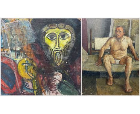 English School (Late 20th Century): Male Life Study and Abstract Portrait of Jesus, two oils on canvas by different hands uns