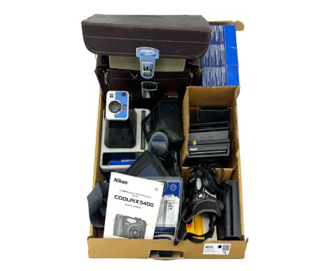Olympus SP-700 digital camera, boxed, Exakta RTL1000, Vivitar Telephoto 200mm lens, Kodak instant cameras and other cameras a