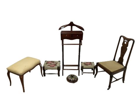 Mahogany valet stand; mahogany dressing stool with cabriole supports; three footstools with tapestry seats; Georgian design c