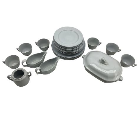 Copeland Spode Fine Stone Greystone pattern part tea and dinner service, comprising six tea cups, sugar bowl (lacks cover), s