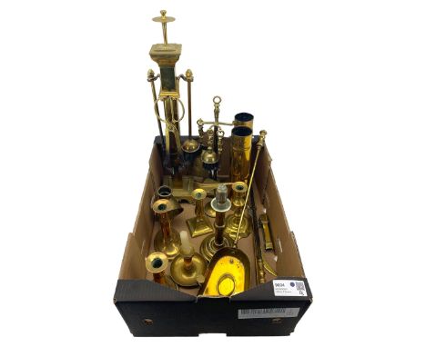 Two Trench Art shell cases, two part brass companion sets and other fire irons, 19th century and later brass candlesticks inc