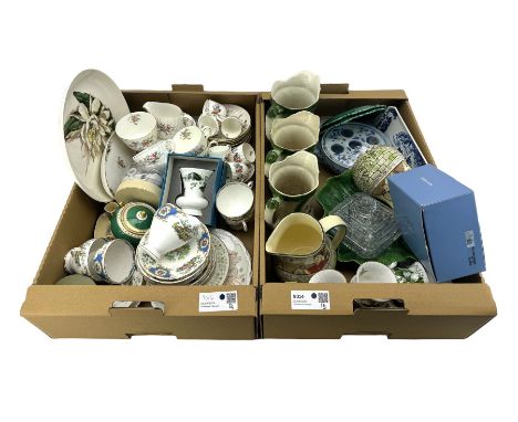 Minton Marlow part tea and coffee set, Foley Broadway pattern tea wares, Doulton jugs, Majolica plates etc in two boxes