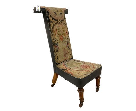 19th century mahogany framed Prie Dieu chair, upholstered in tapestry fabric with shell and scrolling acanthus leaf decoratio