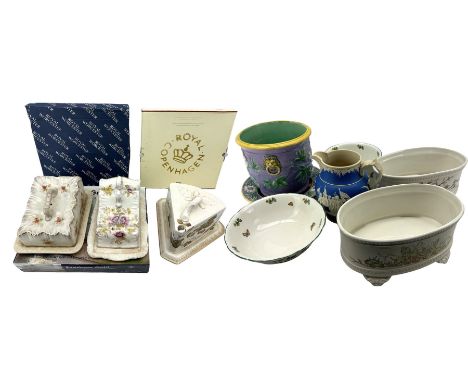 19th century Majolica planter on stand, Royal Worcester evesham rectangular dish, boxed, other Royal Worcester, cheese domes,