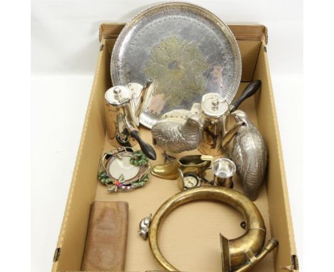 Pair of silver-plated quail figures, H16cm, pair of Walker & Hall silver-plated chocolate pots, brass car horn, silver-plated