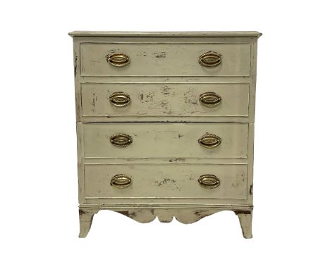 19th century painted mahogany chest commode, the faux drawer front hinged, raised on splayed feet with shaped apron, in laure