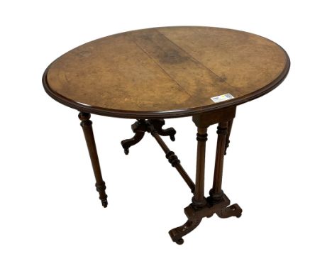 Victorian figured walnut Sutherland table, oval top decorated with boxwood stringing and bell-flower inlays, raised on turned