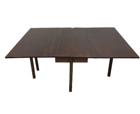 Early 19th century mahogany drop-leaf dining table, rectangular top over double gate-leg action, raised on moulded square sup