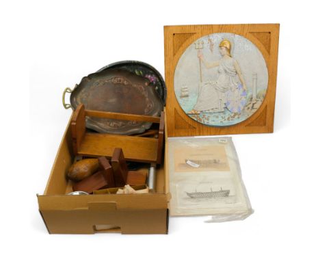 Vintage wall plaque painted and decorated in relief with Britannia, 48cm x 48cm, oak book trough, wooden club, copper tray et