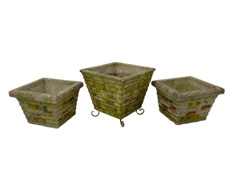 Pair of cast stone rusticated garden planters of tapering square form (38cm x 38cm, H26cm); and a similar larger planter (41c