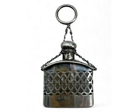 George V silver scent flask, the glass scent flask housed within a pierced silver frame, with hinged cover and suspended from