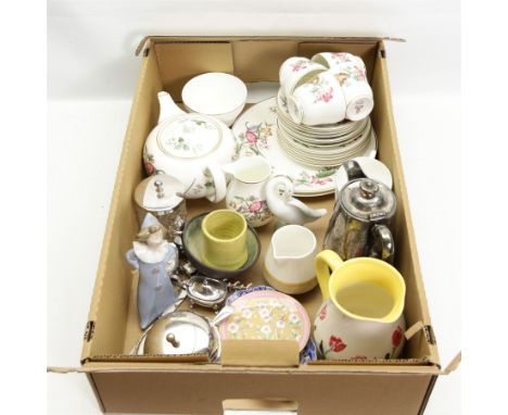 Wedgwood Sandon tea set for six, Spode Italian dish, Lladro goose, Nao figure, silver-plated items etc in one box