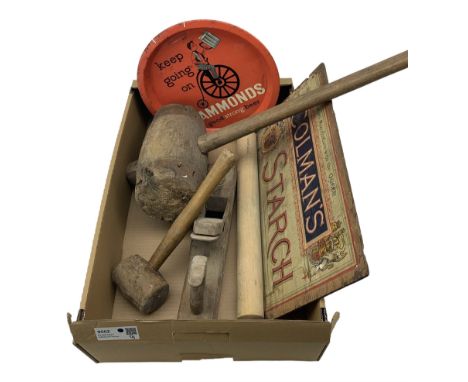 Large mallet, Colman's Starch box cover, Hammonds beer tray, rolling pin, etc in one box